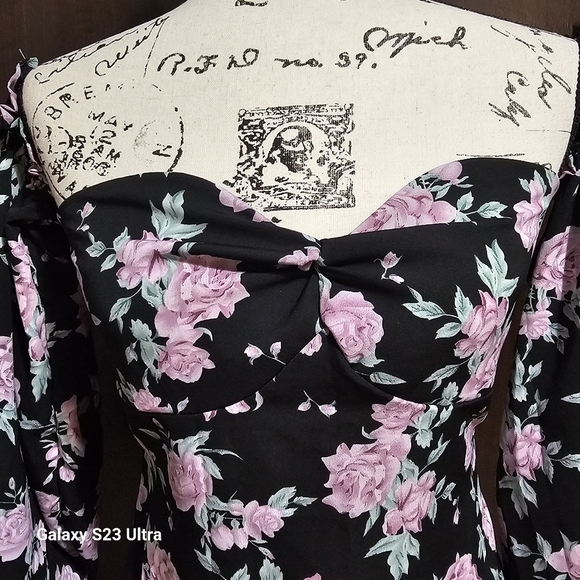 Floral Off-Shoulder Dress - Black, And Lilac' - Picture 5 of 11